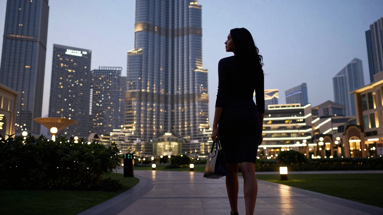 A confident woman walking alone through a luxury hotel garden in Dubai at dusk, city lights in the distance.